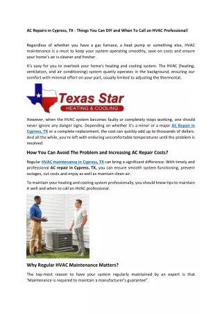 AC Repairs in Cypress, TX - Things You Can DIY and When To Call an HVAC Professional!