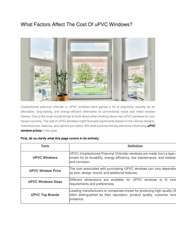 what factors affect the cost of upvc windows