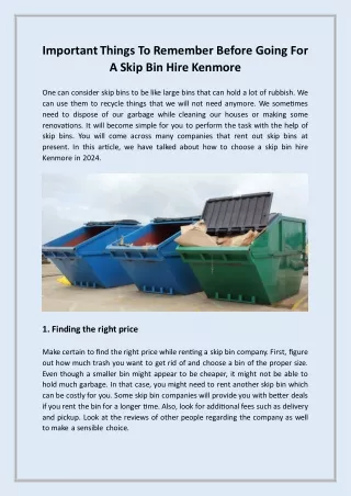 Important Things To Remember Before Going For A Skip Bin Hire Kenmore