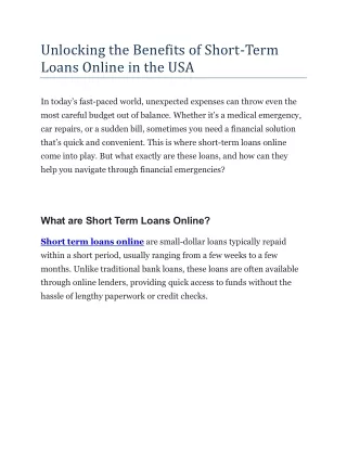 Unlocking the Benefits of Short-Term Loans Online in the USA