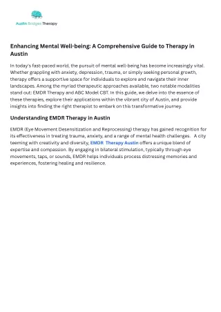 Enhancing Mental Well-being A Comprehensive Guide to Therapy in Austin