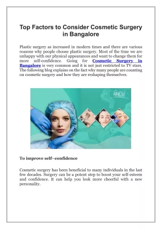 Top Factors to Consider Cosmetic Surgery in Bangalore