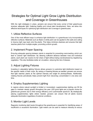 Strategies for Optimal Light Grow Lights Distribution and Coverage in Greenhouses