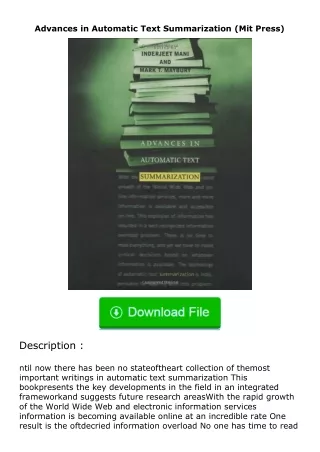 ❤️get (⚡️pdf⚡️) download Advances in Automatic Text Summarization (Mit Press)
