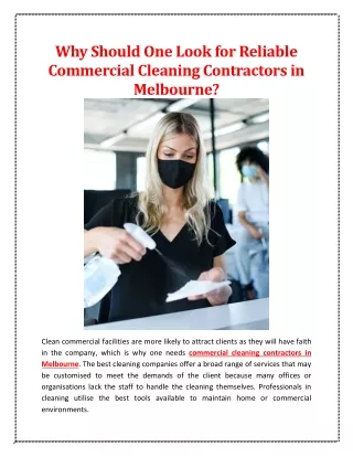 Why Should One Look for Reliable Commercial Cleaning Contractors in Melbourne