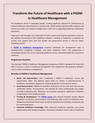 Transform the Future of Healthcare with a PGDM in Healthcare Management