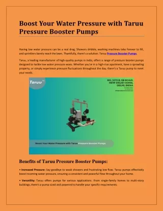 Boost Your Water Pressure with Taruu Pressure Booster Pumps