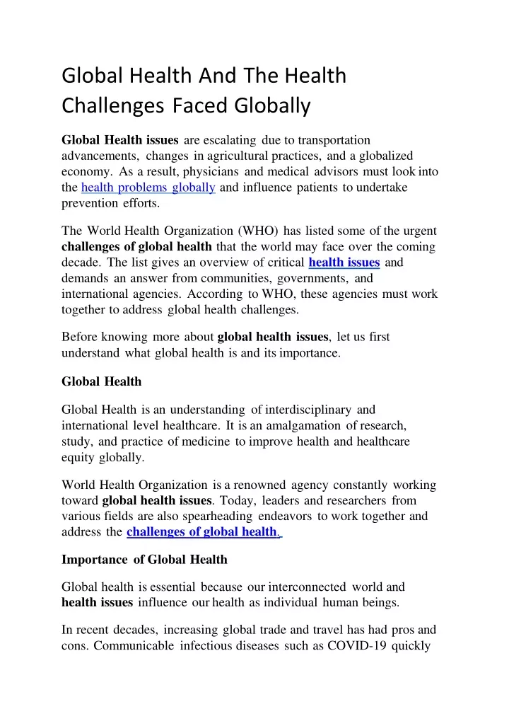 global health and the health challenges faced globally