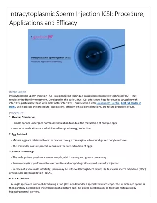 Intracytoplasmic Sperm Injection ICSI: Procedure, Applications and Efficacy