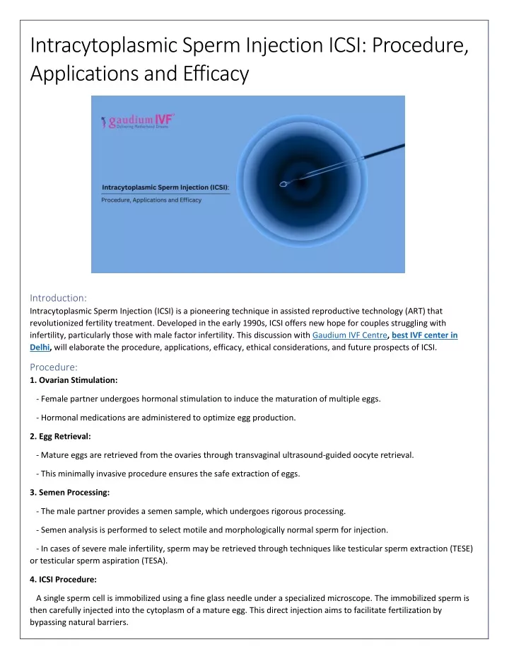 PPT - Intracytoplasmic Sperm Injection ICSI: Procedure, Applications ...