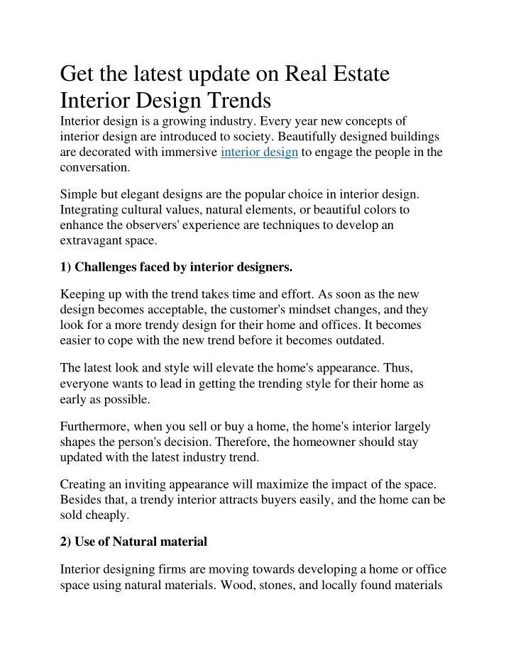 get the latest update on real estate interior design trends