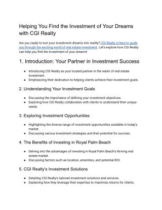 Helping You Find the Investment of Your Dreams with CGI Realty