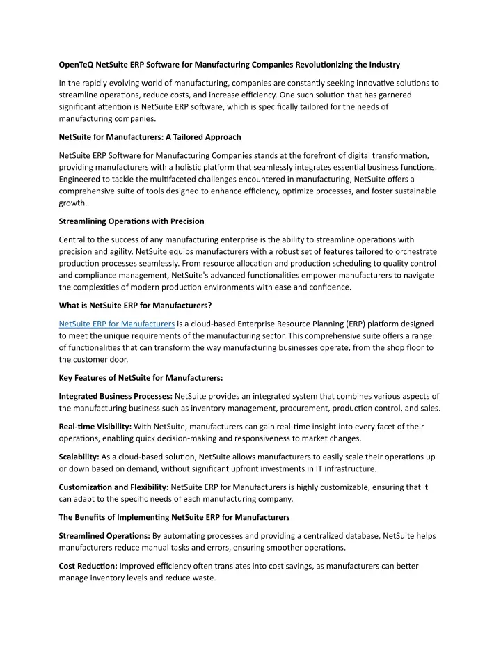 openteq netsuite erp software for manufacturing