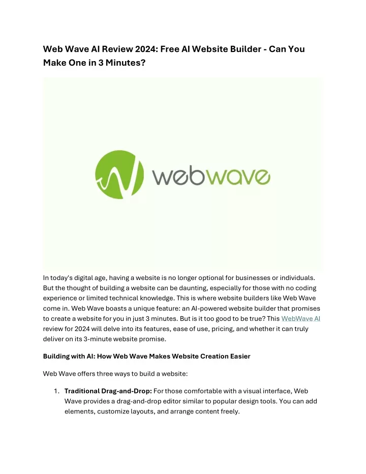 web wave ai review 2024 free ai website builder