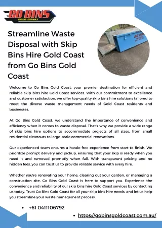 Streamline Waste Disposal with Skip Bins Hire Gold Coast from Go Bins Gold Coast