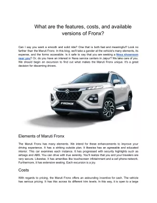 Exploring Fronx: Features, Costs, and Versions at Your Nearest Nexa Showroom