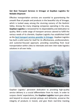 Get Best Transport Services in Srinagar at Gopiban Logistics for Reliable Shipment