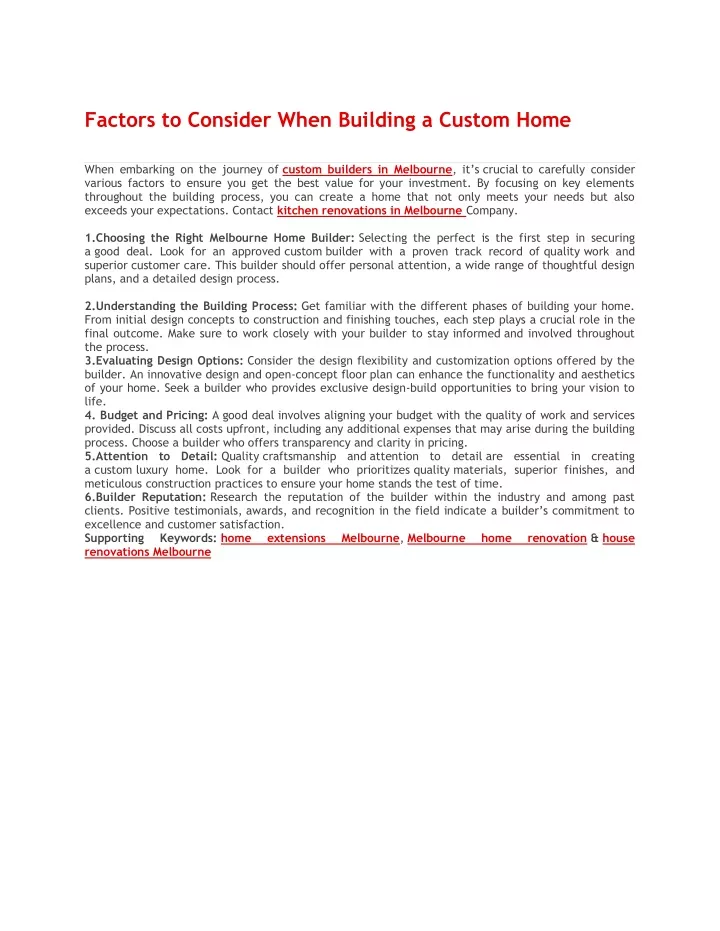 factors to consider when building a custom home