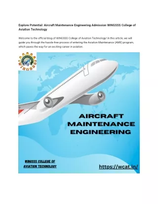 Aircraft Maintenance Engineering Admission WINGSSS College of Aviation Technology
