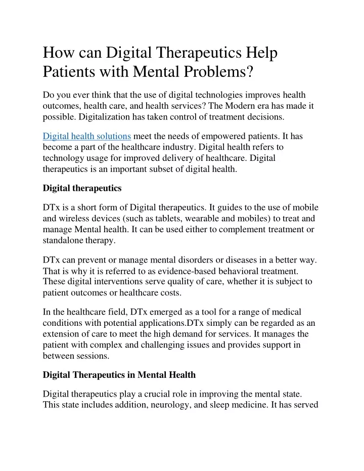 how can digital therapeutics help patients with mental problems