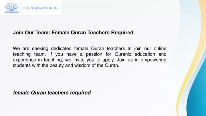join our team female quran teachers required