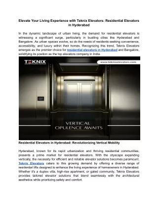 Elevate Your Living Experience with Teknix Elevators - Residential Elevators in Hyderabad