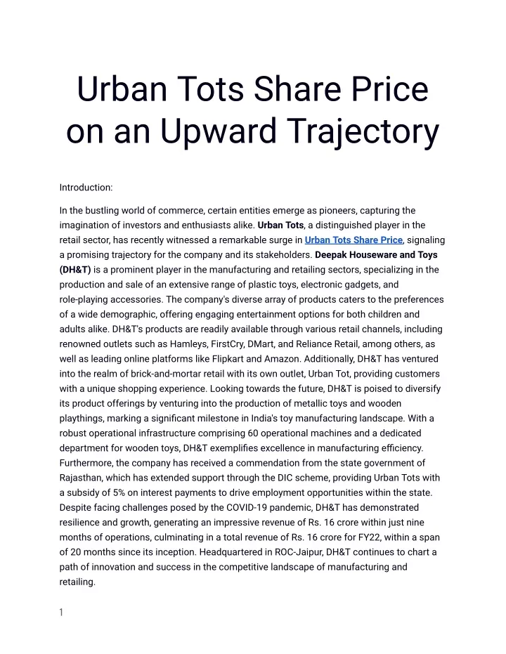 urban tots share price on an upward trajectory