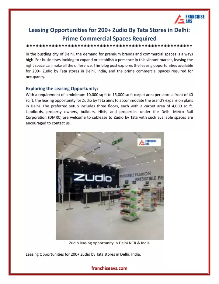 leasing opportunities for 200 zudio by tata