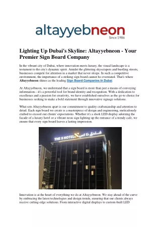 Lighting Up Dubai's Skyline Altayyebneon - Your Premier Sign Board Company