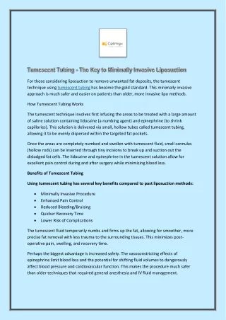 Tumescent Tubing - The Key to Minimally Invasive Liposuction