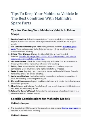 Tips To Keep Your Mahindra Vehicle In The Best Condition With Mahindra Spare Parts