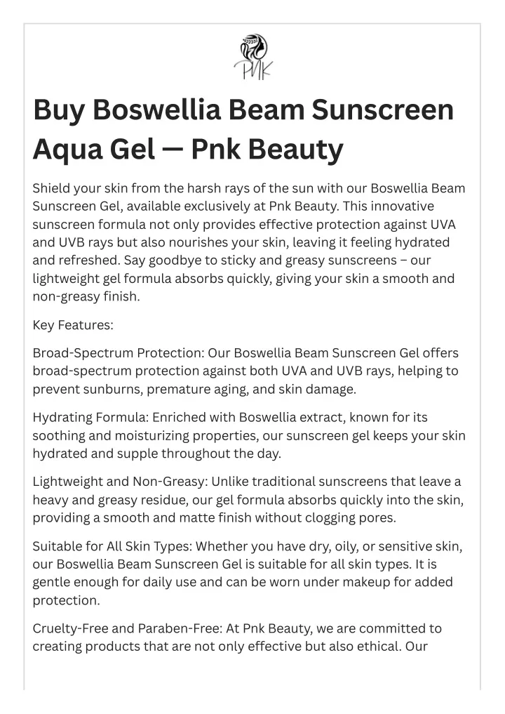 buy boswellia beam sunscreen aqua gel pnk beauty