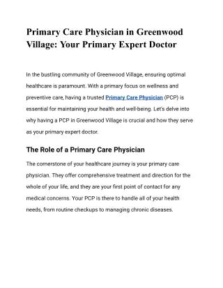 Primary Care Physician in Greenwood Village: Your Primary Expert Doctor