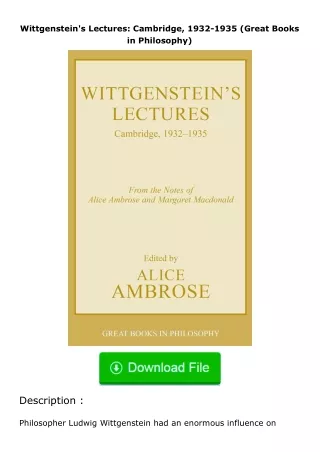 [READ]⚡PDF✔ Wittgenstein's Lectures: Cambridge, 1932-1935 (Great Books in Phil