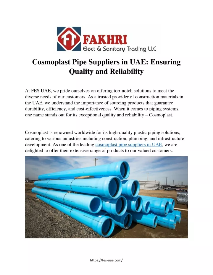 cosmoplast pipe suppliers in uae ensuring quality