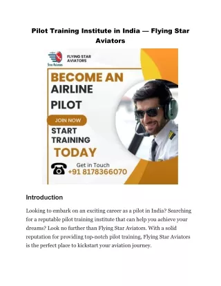 Pilot Training Institute in India — Flying Star Aviators