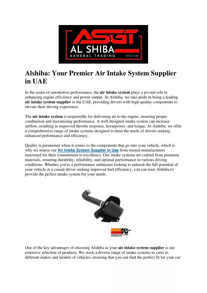 alshiba your premier air intake system supplier