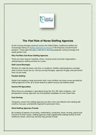 The Vital Role of Nurse Staffing Agencies