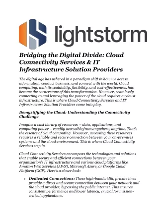 Bridging the Digital Divide Cloud Connectivity Services & IT Infrastructure Solution Providers