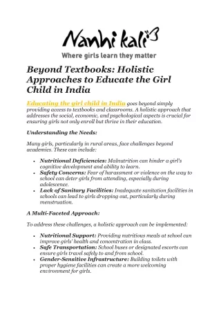Beyond Textbooks Holistic Approaches to Educate the Girl Child in India