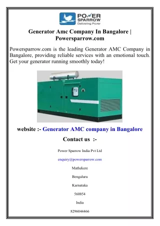 Generator Amc Company In Bangalore   Powersparrow.com