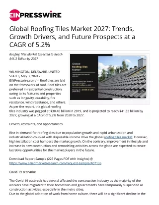 Roofing Tiles Market Trends, Growth Drivers, and Future Prospects  2027