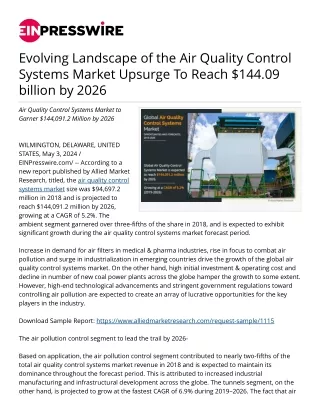 Air Quality Control Systems Market Upsurge To Reach $144.09 billion by 2026