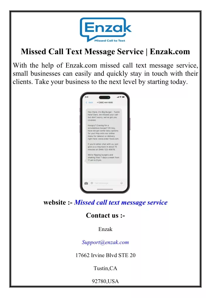 missed call text message service enzak com