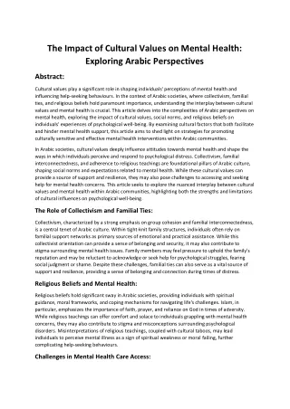 The Impact of Cultural Values on Mental Health: Exploring Arabic Perspectives