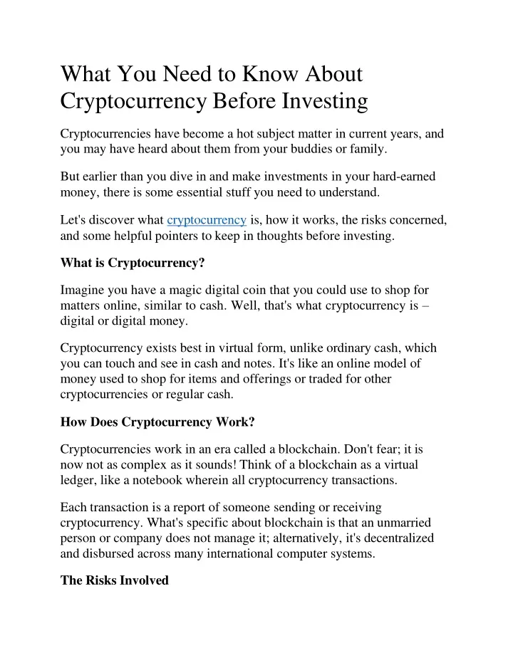 what you need to know about cryptocurrency before investing