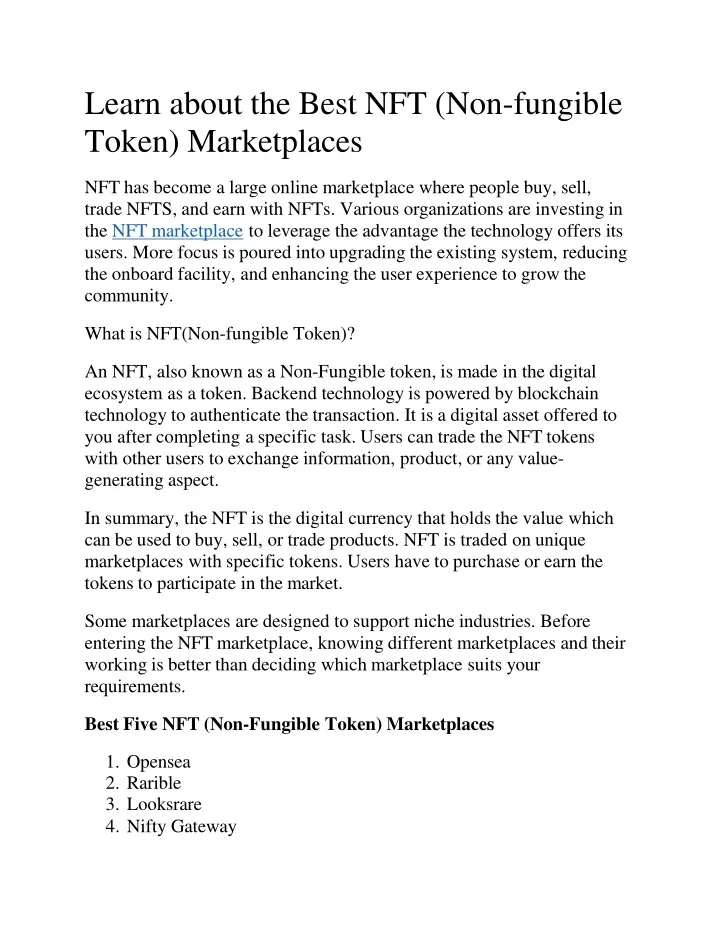 learn about the best nft non fungible token marketplaces