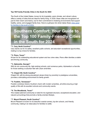 Top 100 Family-Friendly Cities in the South for 2024