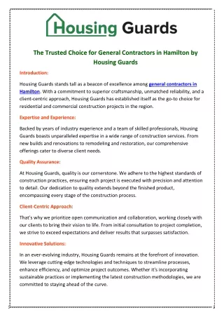 The Trusted Choice for General Contractors in Hamilton by Housing Guards