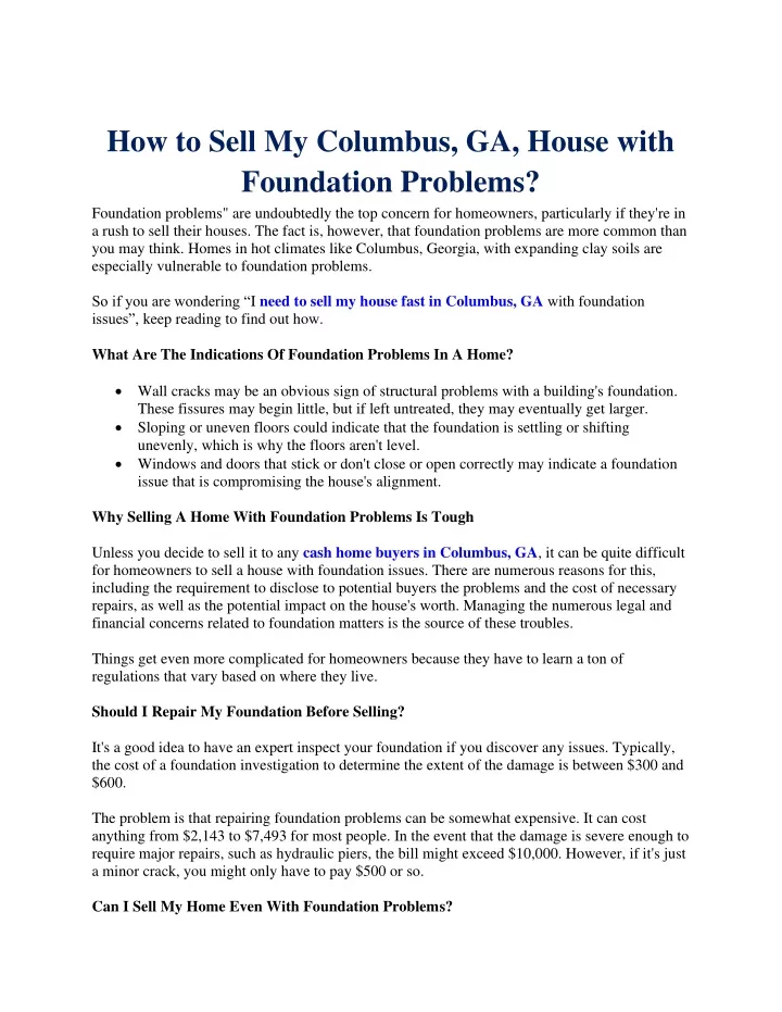 how to sell my columbus ga house with foundation